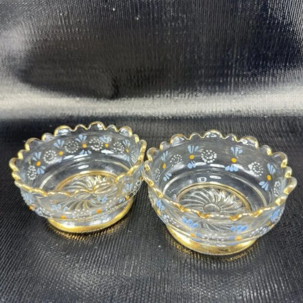 Antique Enameled Paint‎ Glass Bowl Dish Gold Painted Edge Manganese 365nm Set 4